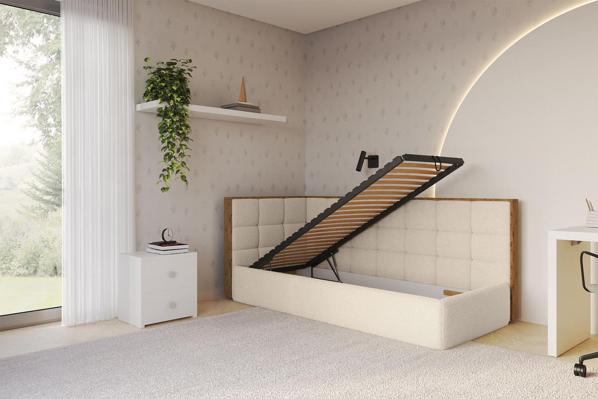 EINZELLBETT Jugendbett mit Bettkasten, Rechts - SOVY 100x200 Dunkelbeige - Taupe, Holzwerkstoff/Textil (100/200cm) - ALTDECOR