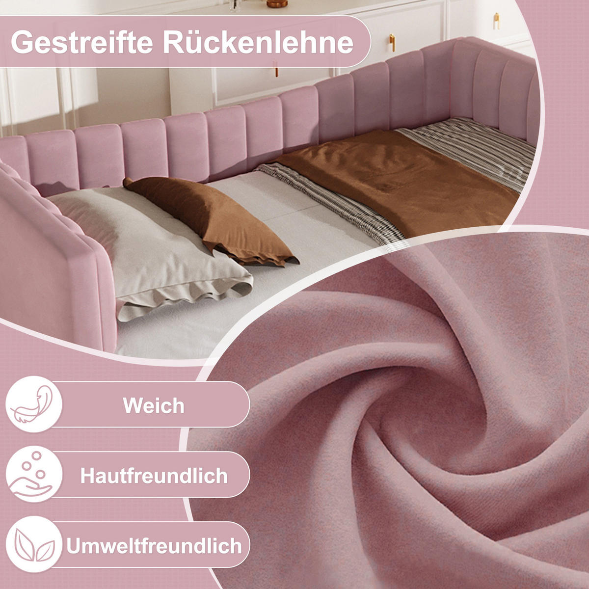 ČALÚNENÁ posteľ 90/200 cm ružová s výsuvným lôžkom zo zamatu a MDF - ružová, textil (180/200cm) - OKWISH