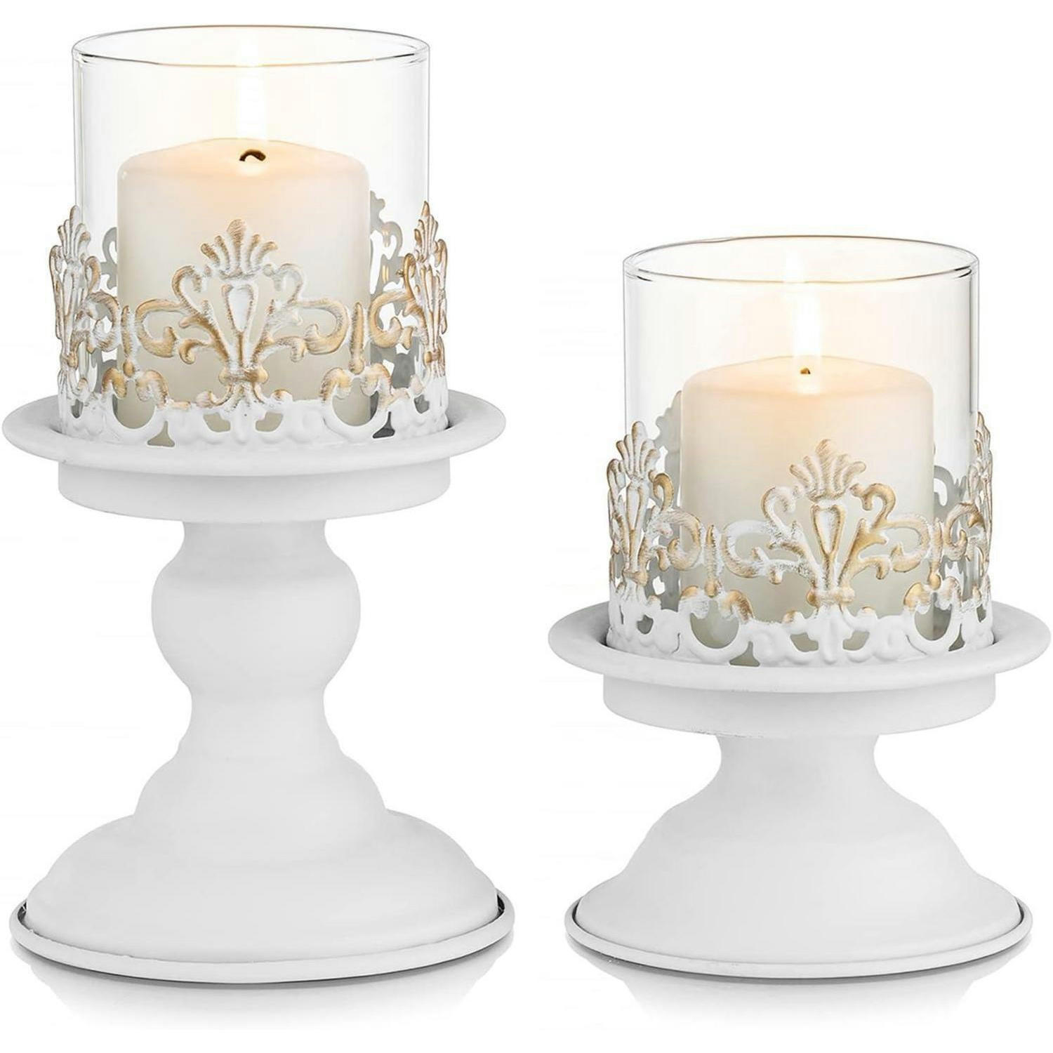 KERZENSTÄNDER 2-teiliges Set Weiß Antik Metall mit Glas - Weiß, Metall (11.5/16/11.5cm)