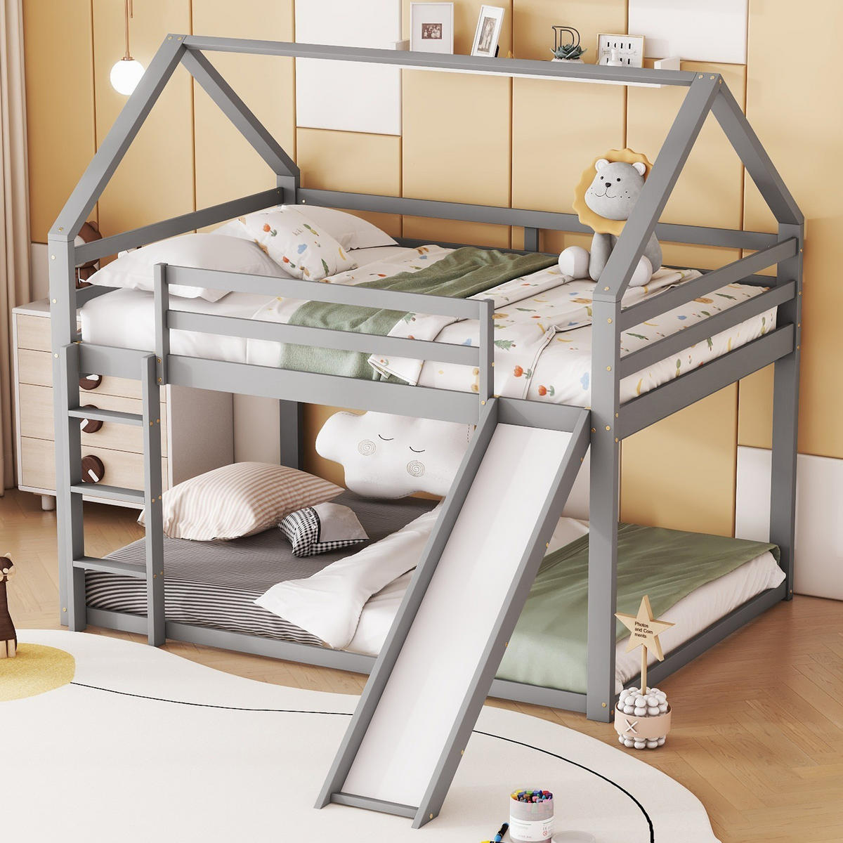 HAUS-ETAGENBETT aus Kiefernholz 140x200 cm Grau mit Rutsche und Leiter - Grau, Holzwerkstoff (140/200cm) - IVMEU
