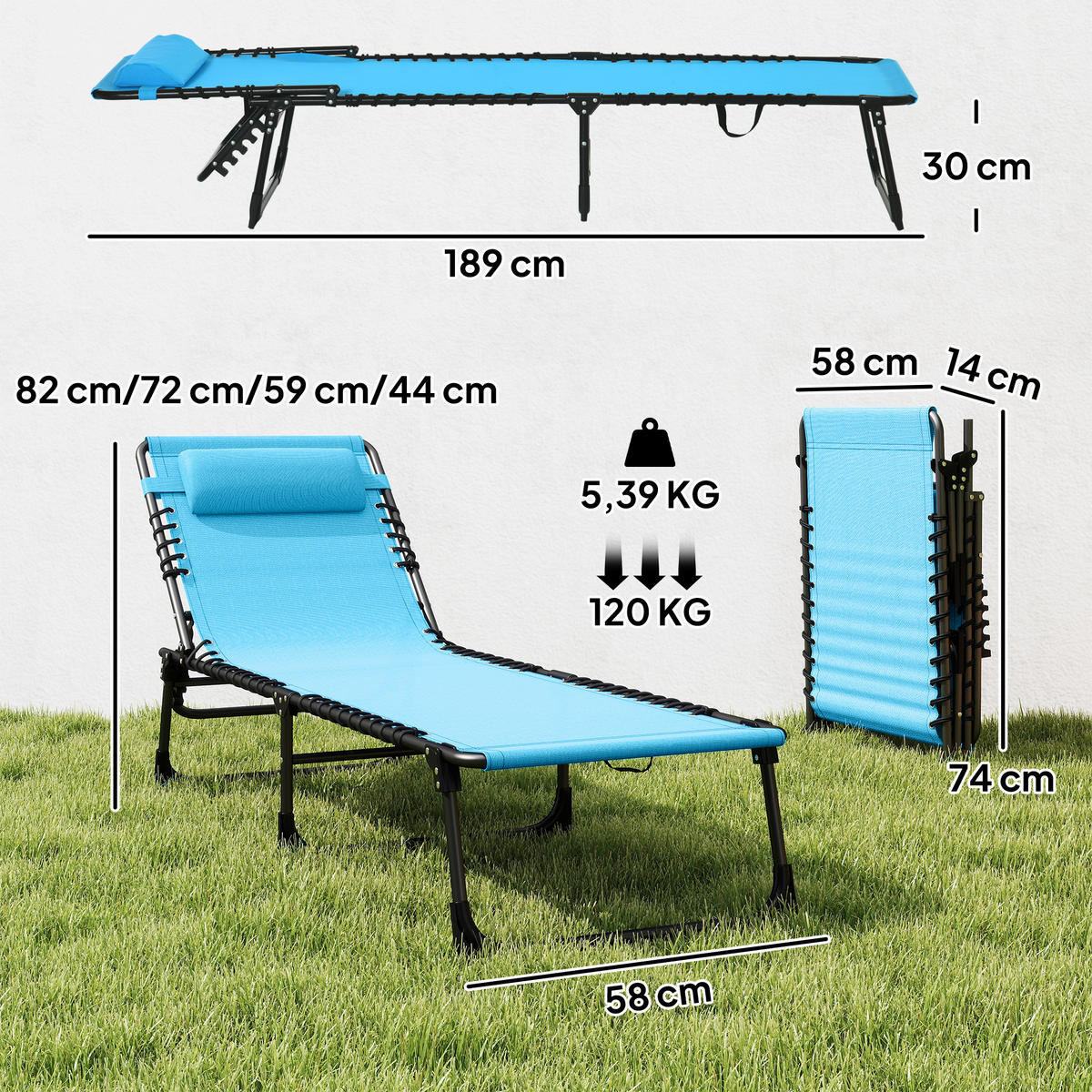 SONNENLIEGE Klappbare 4-fach verstellbare Gartenliege Tragkraft 120 kg Hellblau 189 x 58 x 30 cm - Hellblau, Metall (58/30/189cm) - Vallsero
