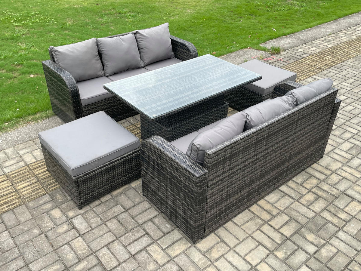 GARTENTISCHGRUPPE Polyrattan 8-Sitzer - Dunkelgrau/Grau, Glas/Kunststoff - Fimous