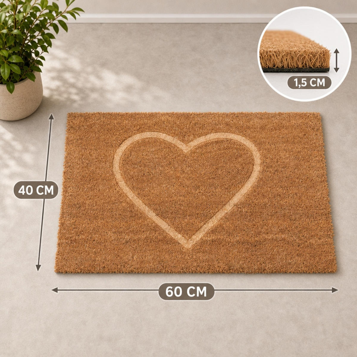 FUSSMATTE Natur Schwarz Kokosfaser Herz rutschfest 60x40 cm - Hellbraun, Kunststoff/Textil (60/40cm) - Relaxdays