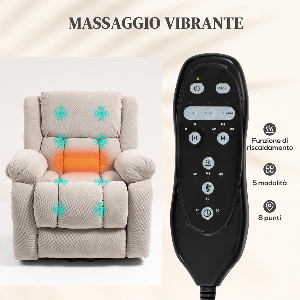 MASSAGESESSEL,AUFSTEHHILFE Liegefunktion 2 Taschen Fernbedienung,beige - Beige, Leder (93/100/104cm) - Vallsero