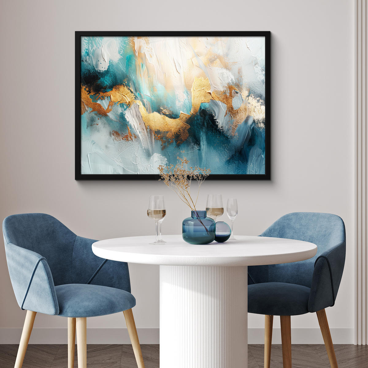 ZARÁMOVANÝ PLAGÁT Abstraktné - umenie - zlaté - modré 80x60 cm - petrolejová, papier (80/60cm) - MuchoWow
