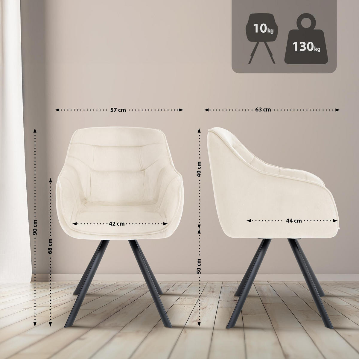 ARMLEHNENSTUHL Samt Creme - Creme/Schwarz, Textil/Metall (57/90/63cm) - CLP