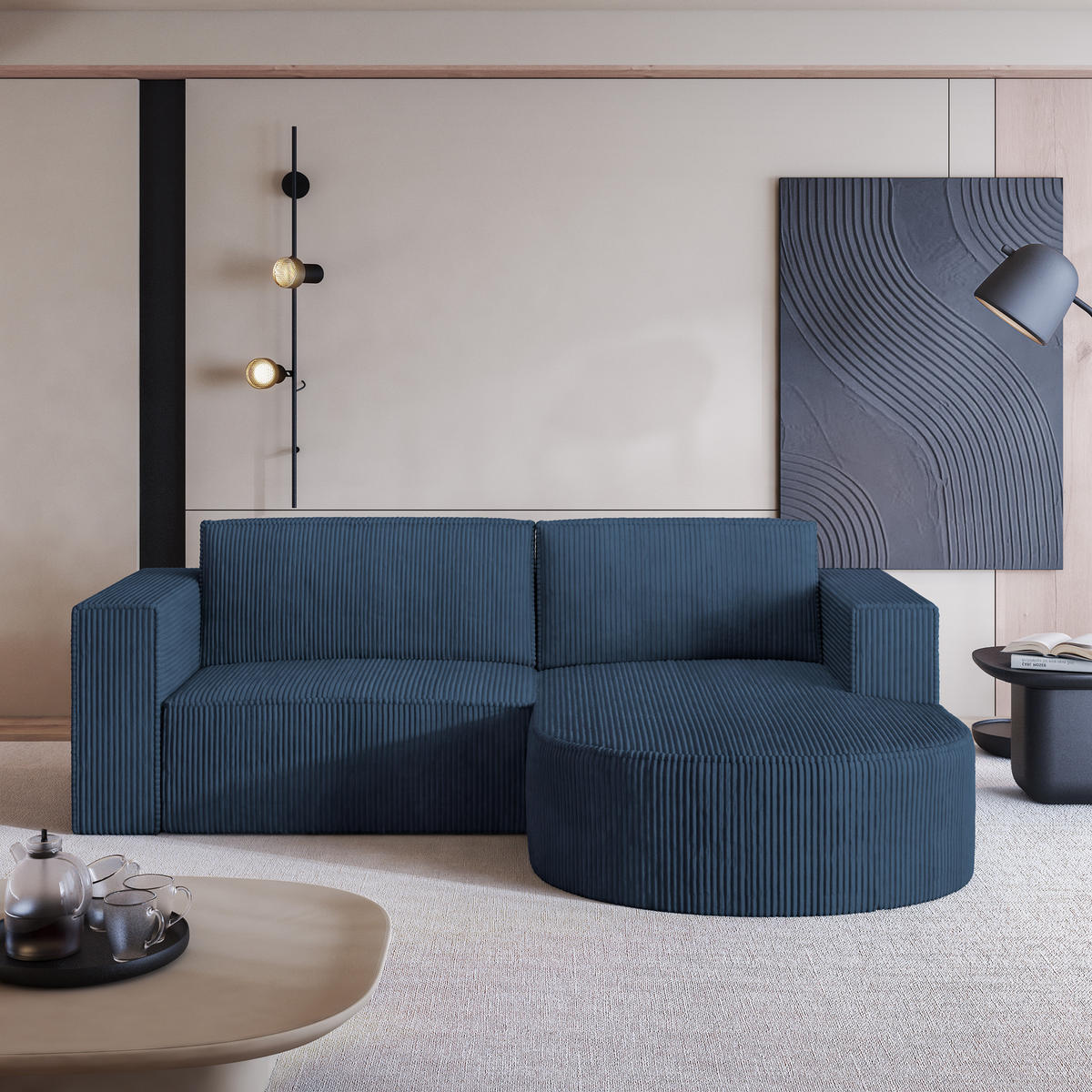 ECKSOFA SORELA P R-S Blau Kordstoff mit Schlaffunktion - Blau, Holz (263/174cm) - MASSENO