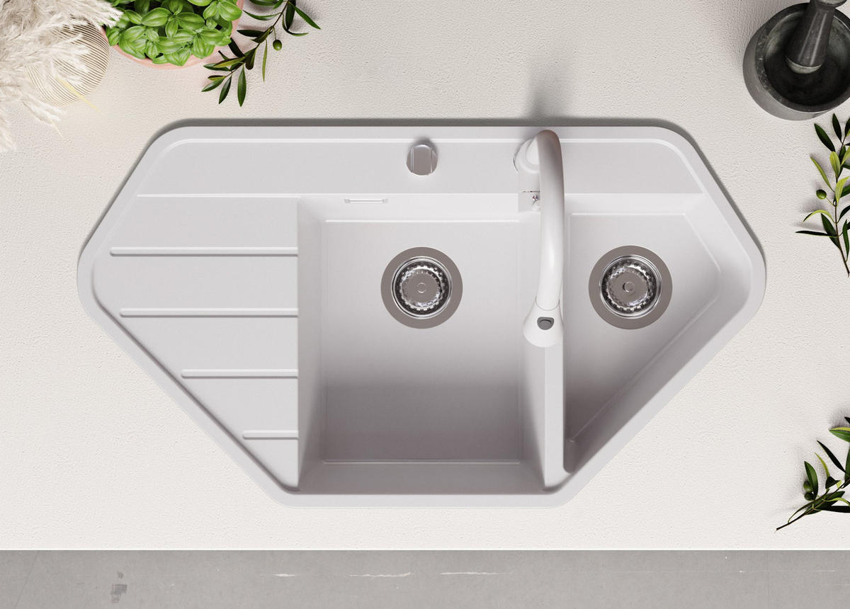 GRANITSPÜLE Kopenhagen Corner, 2-er set Weiß 90/50 cm 1,5 Becken + Küchenarmatur 40/20 cm + Ablauf-Set ab 70er Unterschrank - Chromfarben/Weiß, Kunststoff (90/18/50cm) - Primagran