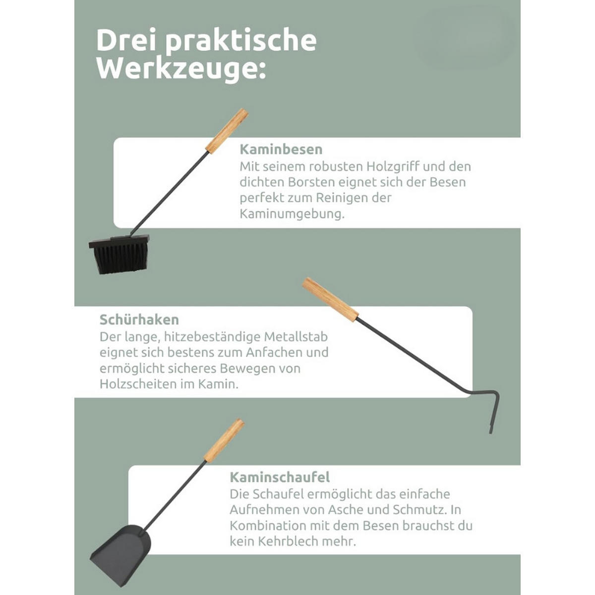 KAMINBESTECK modern IGOR 5-tlg. mit Holzgriff Schürhaken Besen Ascheschaufel Anthrazit - Anthrazit, Metall (20/50/20cm) - DELUKE