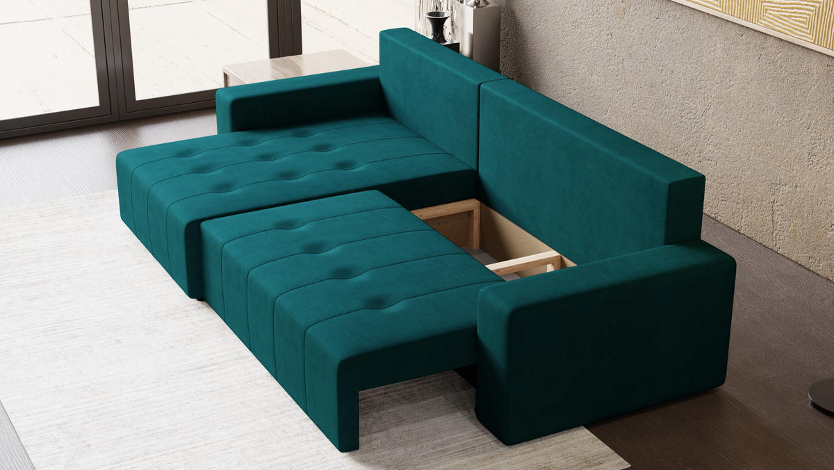 ECKSOFA Tico mit Bettkasten und Schlaffunktion, L-Form/XL-Form, Velourstoff, Universal - Türkis, Holzwerkstoff (276/145cm) - 4ALL HOME