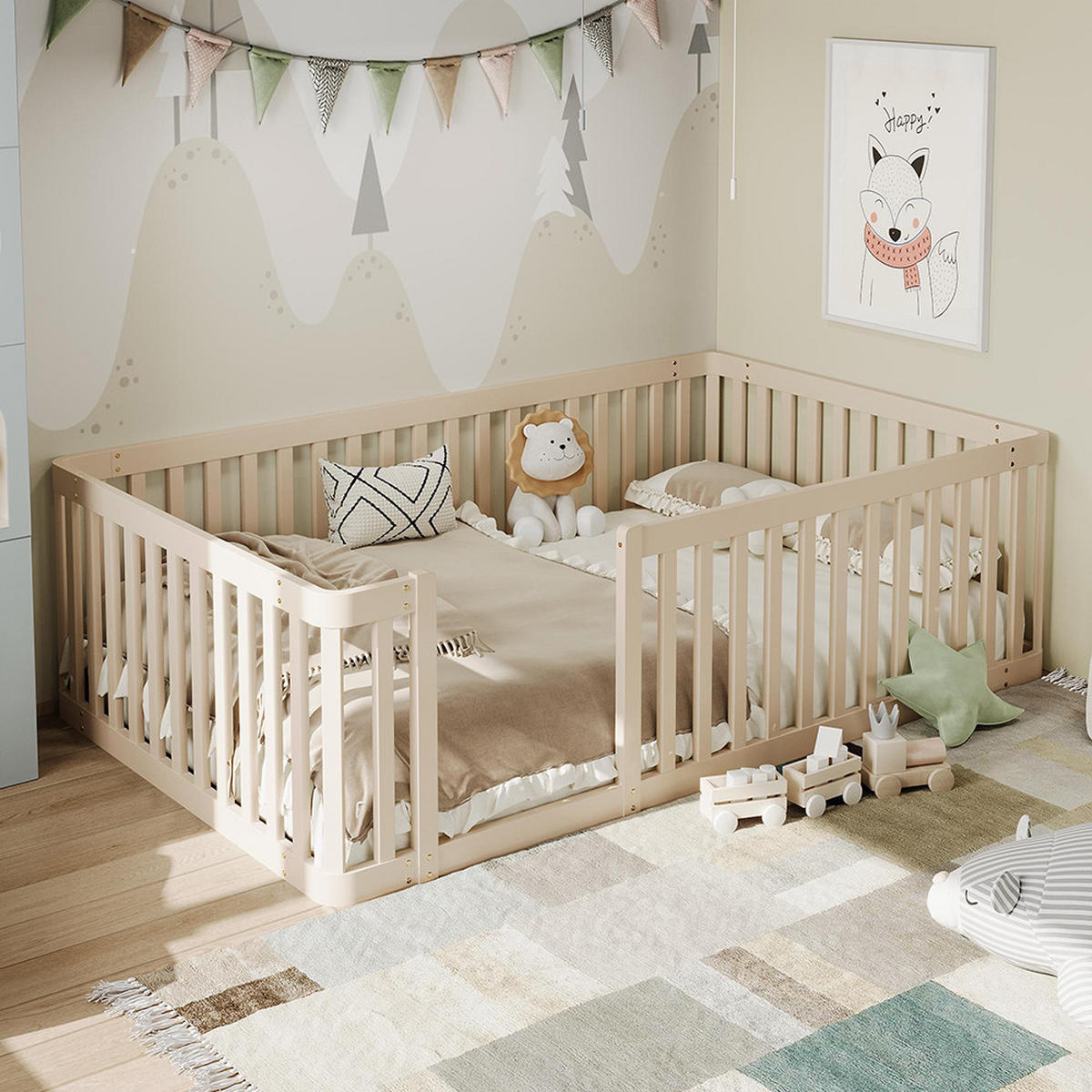 PLATTFORMBETT 90x200 cm mit Zaun, Cream - Creme, Holz (90/200cm) - KOMHTOM