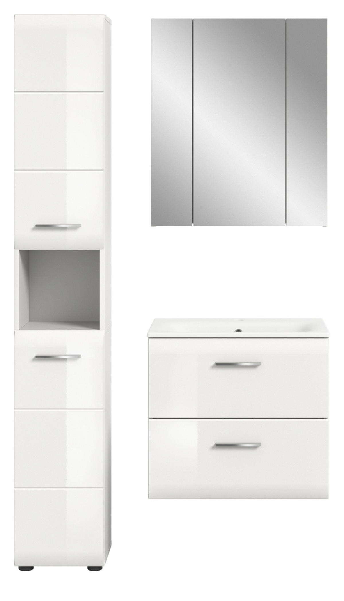 BADMÖBEL SET 3-teilig in weiß Hochglanz inkl. Waschbecken 105 x 185 cm Cover - Weiß Hochglanz/Silberfarben, Holzwerkstoff/Kunststoff (105/185/46cm) - Inn.Furn