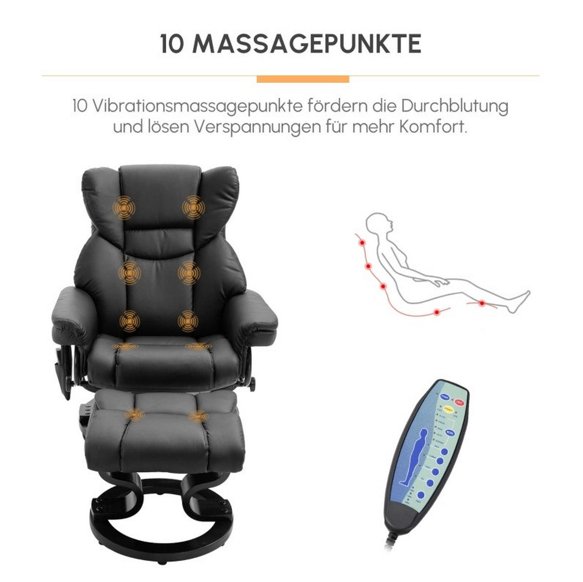 RELAXAČNÍ křeslo 79/82/101 cm černé z lepené kůže s masáží podnožkou a polohováním - černá, plast (82/101/79cm) - OKWISH