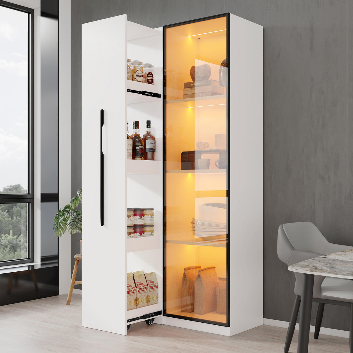 VITRINE aus MDF 70x40x160 cm Weiß mit LED-Beleuchtung, ausziehbarem Bücherregal und Rollen - Weiß, Holzwerkstoff (70/160/40cm) - IVMEU