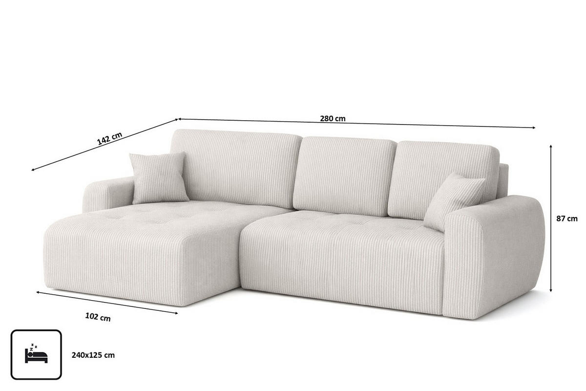 ECKSOFA Mit Schlaffunktion Und Bettkasten L-Form Ivo XL, Cordstoff Poso, Beige, Links - Beige, Holz (280/142cm) - Kaiser Möbel