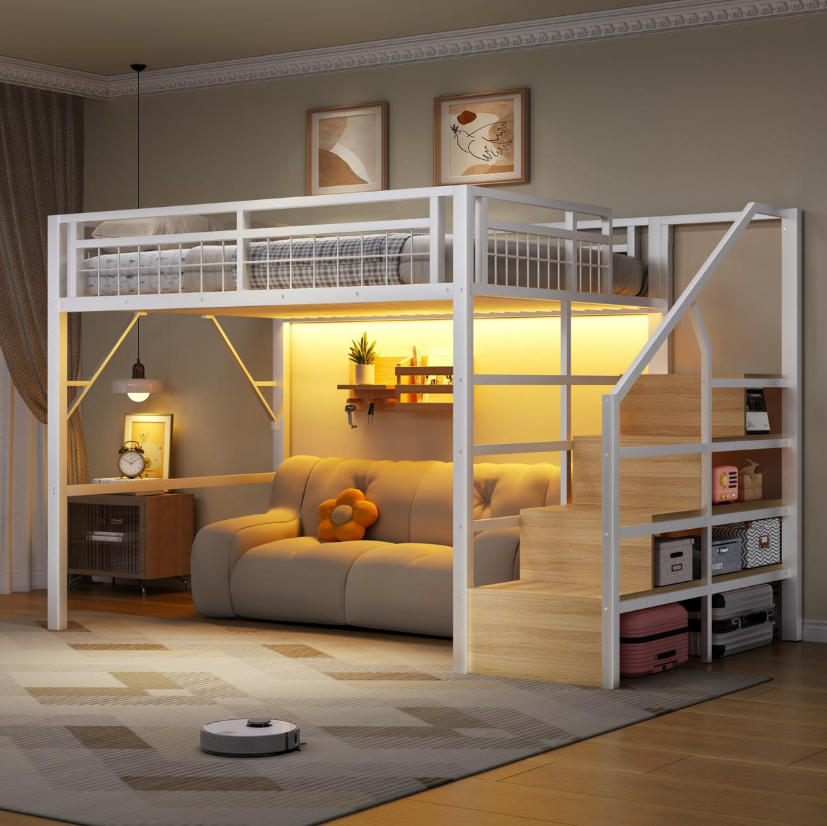 HOCHBETT 140/200 cm, Weiß mit LED-Lichtleiste und Stauraumtreppe - Weiß, Metall (140/200cm) - MIVRAY