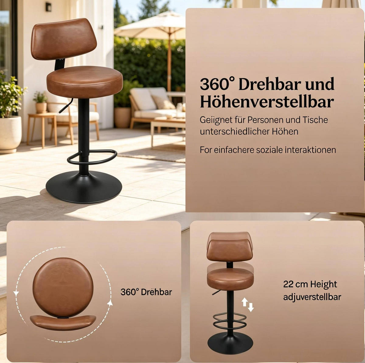 BARHOCKER 2er-Set höhenverstellbar drehbar Rustikalbraun - Braun, Metall (41/109/41cm) - Meubliv