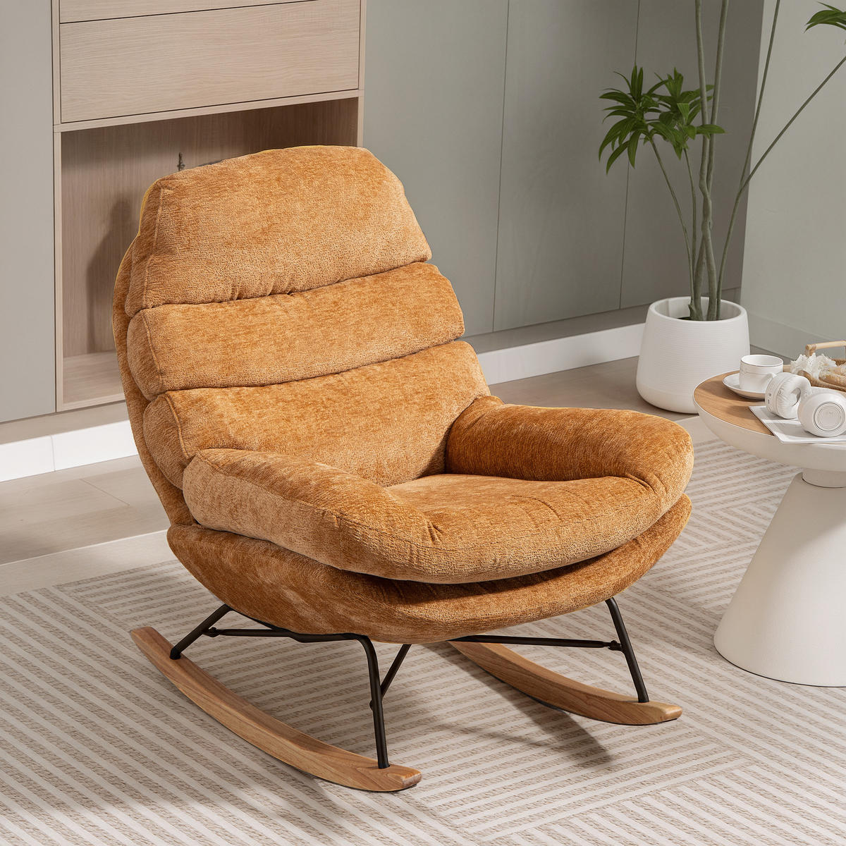 SCHAUKELSTUHL Schaukelsessel Schneidersitz mit Rückenlehne Chenille-Optik - Gelb/Creme, Textil (80/91/103cm) - HOMCOM