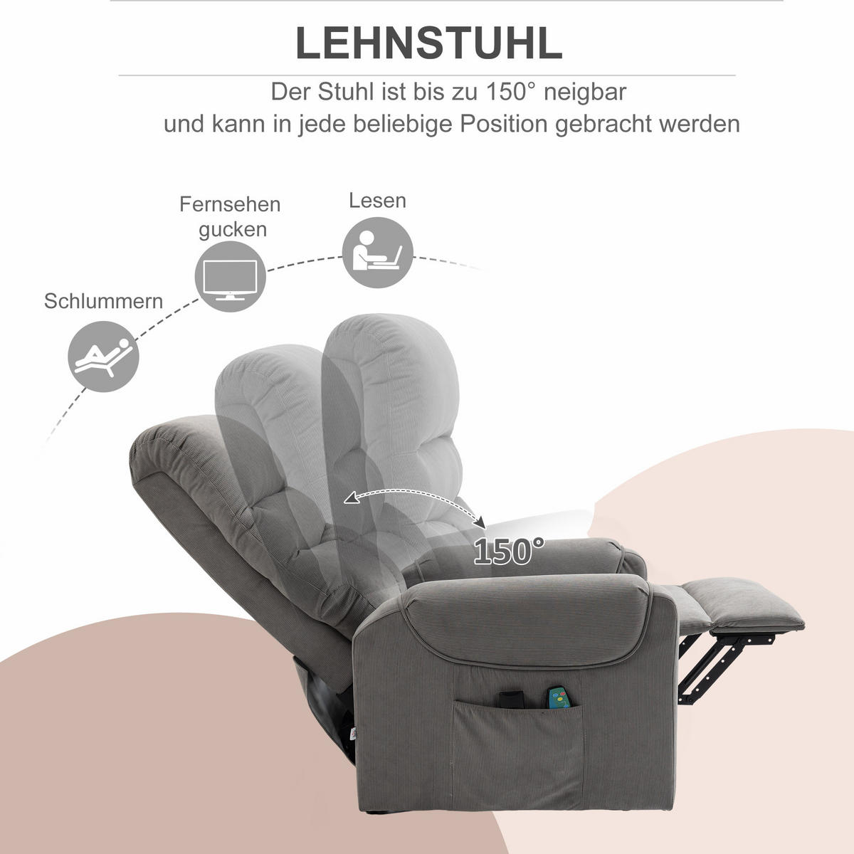 FERNSEHSESSEL, Seitentasche, Aufstehhilfe, Massage, Liegefunktion, Polyester-Gewebe, Dunkelgrau - Multicolor, Holzwerkstoff (83/110/93cm) - FORIOUS