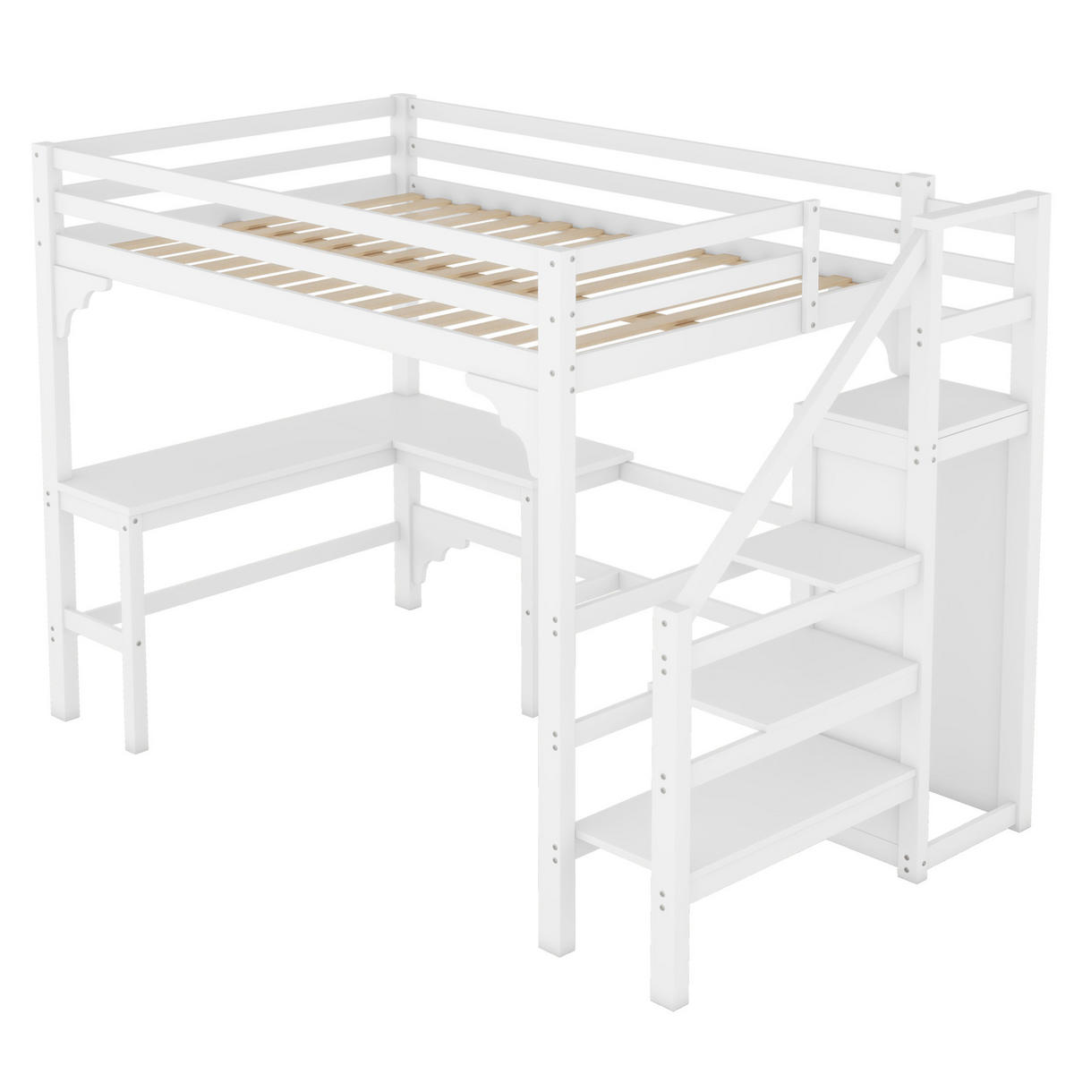 HOCHBETT 140/200 cm mit L-förmigem Schreibtisch, offenem Kleiderschrank und Stauraumtreppe, Kiefer/MDF, Weiß - Weiß, Holzwerkstoff (140/200cm) - Redom