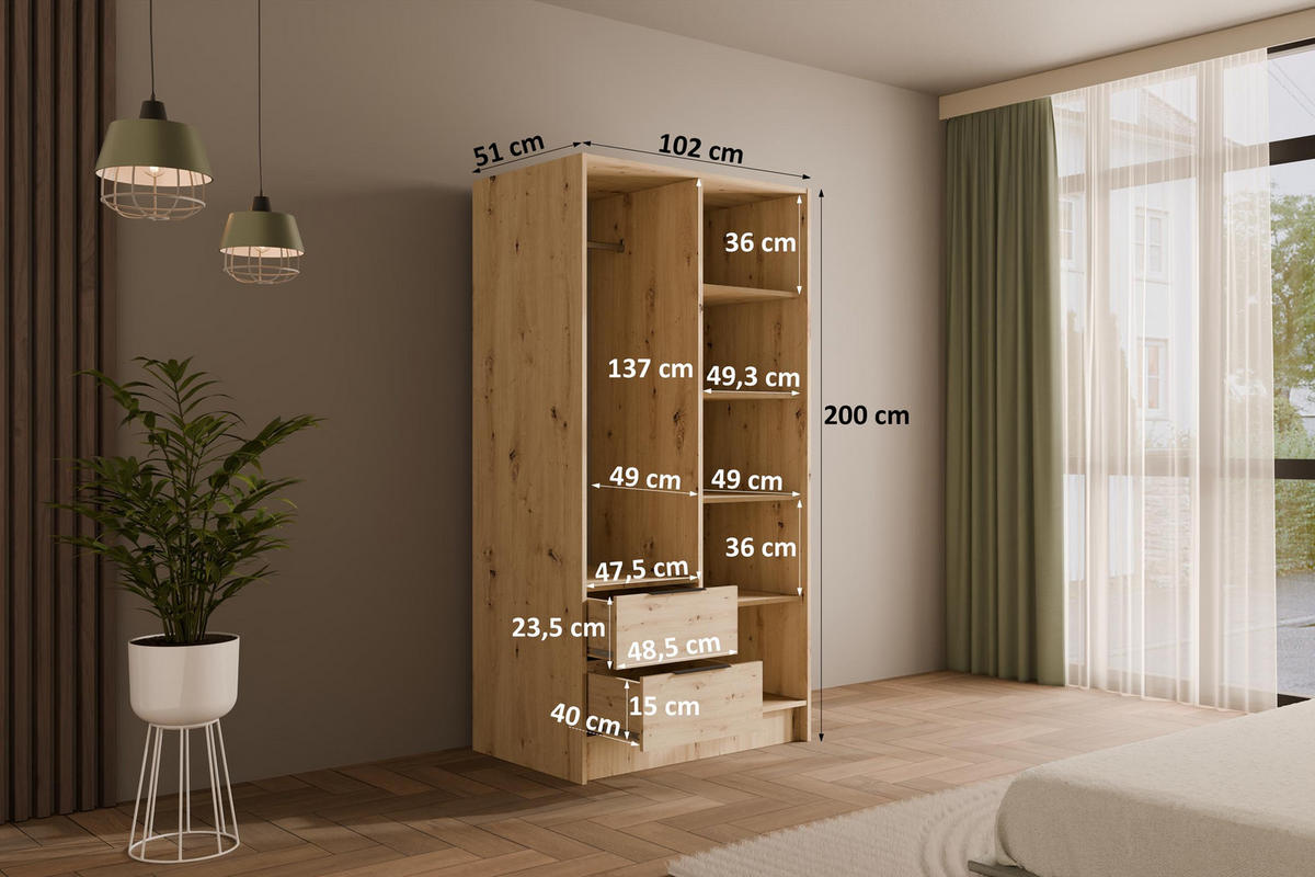 KLEIDERSCHRANK NELIA - 120 cm - Schwarz/Eiche Artisan, Holzwerkstoff (102/200/51cm) - ALTDECOR