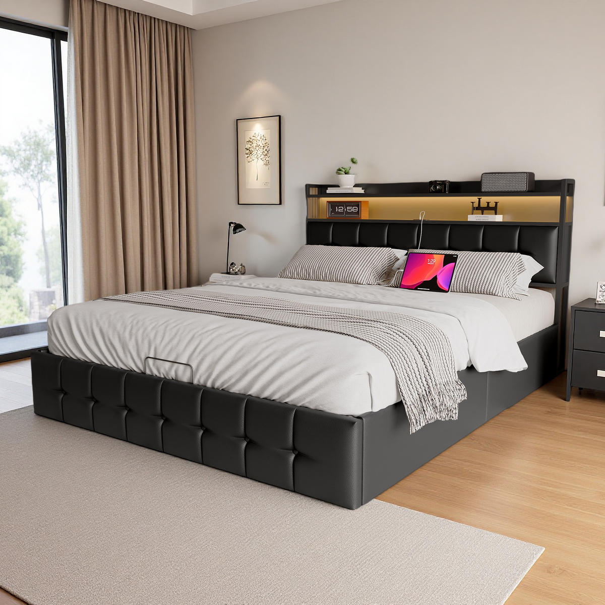 POLSTERBETT 140x200 cm LED Kopfteil Lattenrost PU Leder schwarz - Schwarz, Holz (140/200cm) - LEBENLANG