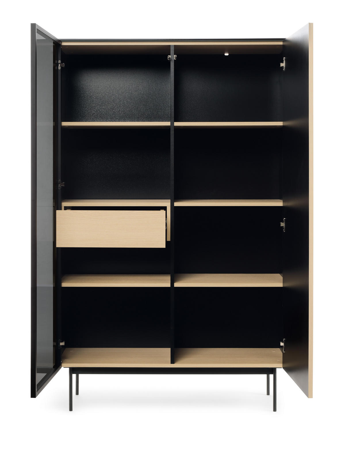 VITRINE Rita Vincenza Eiche, Hochschrank mit LED Beleuchtung und Glasfront - Eichefarben/Schwarz, Holzwerkstoff (107/163/39cm) - Bettso