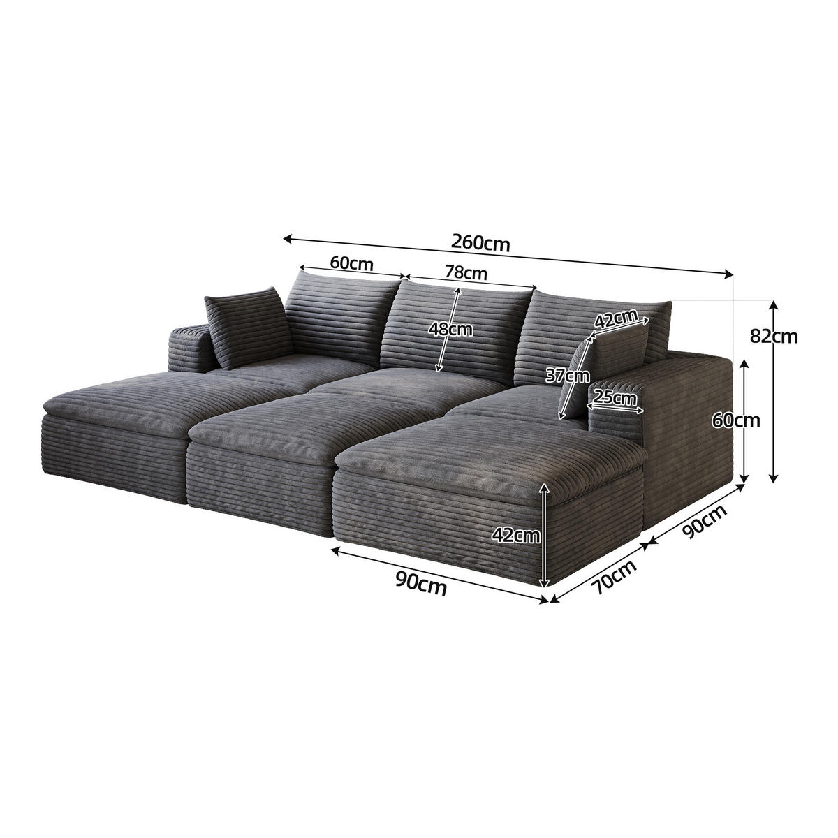 WOHNLANDSCHAFT DE-34773 modular mit 3 ottomanen Dunkelgrau - Dunkelgrau, Textil (160/60/260cm) - ComfortXL