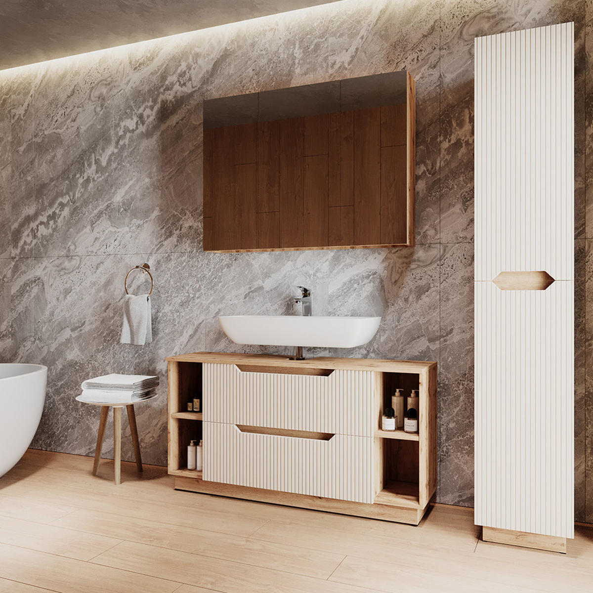 BADMÖBEL-SET Lotta Eiche/Kaschmir gestreift 3 Teile - Kaschmir/Eichefarben, Holzwerkstoff (119.2/62.5/35cm) - Vicco
