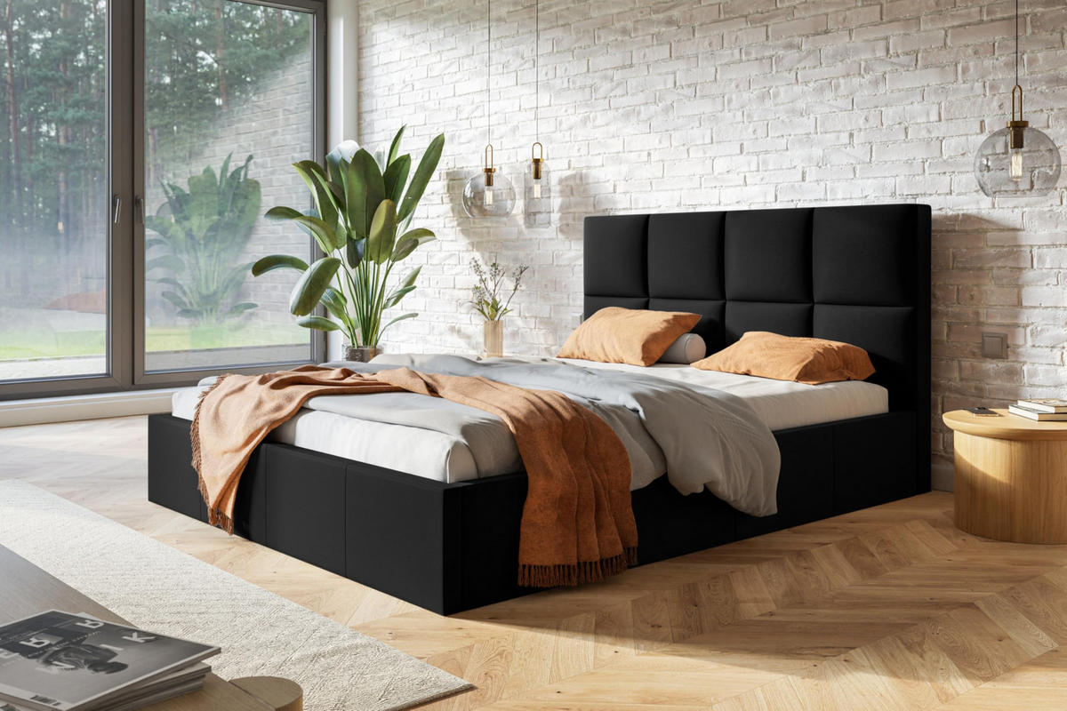 BETT 140x200 - Polsterbett mit Bettkasten und Metallrahmen - Modern Betten - Weicher Jasminstoff - Kollektion Roma, Schwarz - Schwarz, Holz/Textil (140/200cm) - Alpi-Möbel