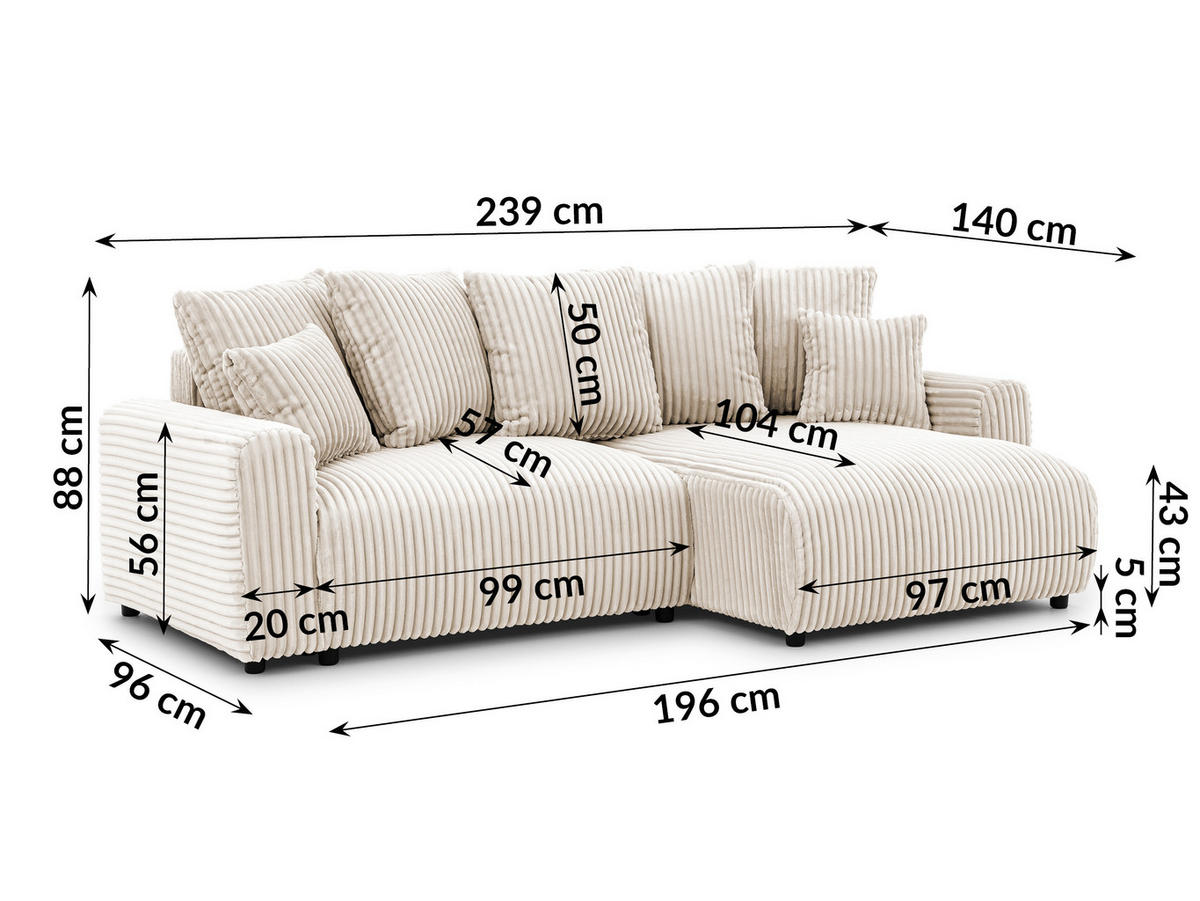 ECKSOFA Calma mit Schlaffunktion und Bettkasten im Bumpy-Design aus weichem Creme Plüschcord - Ottomane rechts - Creme/Schwarz, Holz/Kunststoff (140/239cm) - S-Style