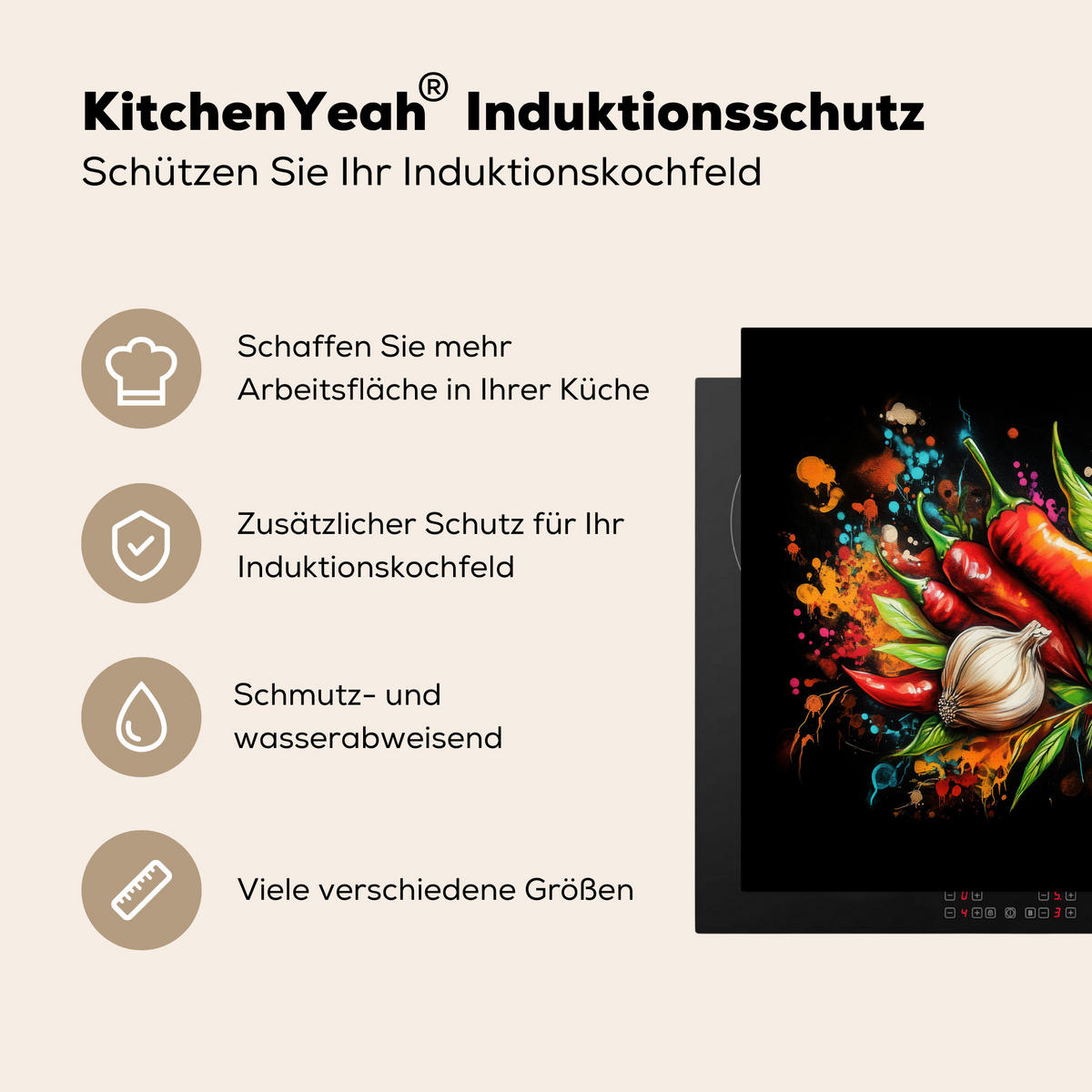 HERDABDECKPLATTE Gemüse - Paprika - Knoblauch - Graffiti - Farbe - Bunt Induktionsmatte 77x59 cm - Rot, Kunststoff (77/59/0.2cm) - MuchoWow