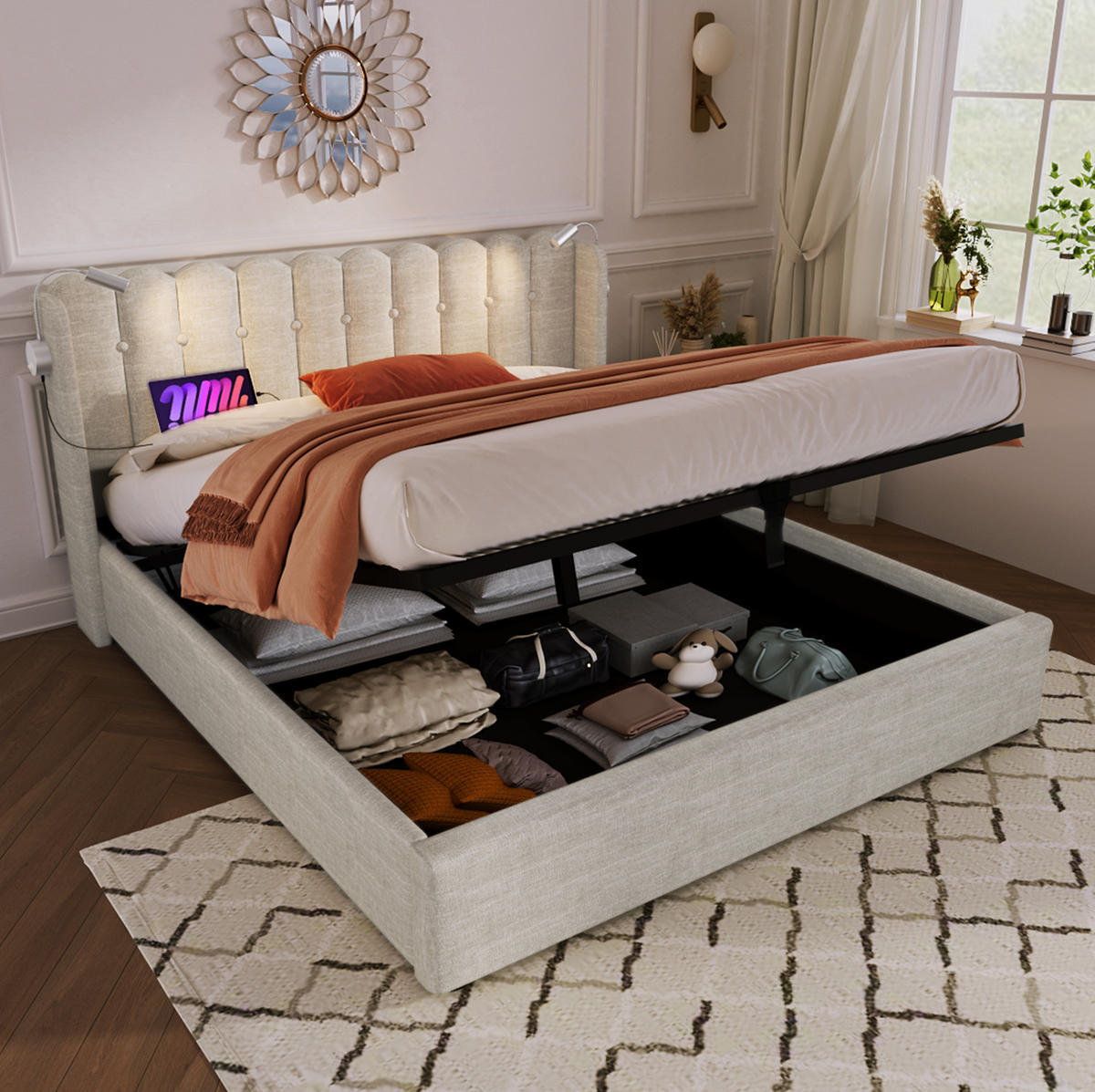 POLSTERBETT mit Bettkasten 140x200 cm Leinen Beige USB & Leselicht - Beige, Metall (140/200cm) - Meubliv