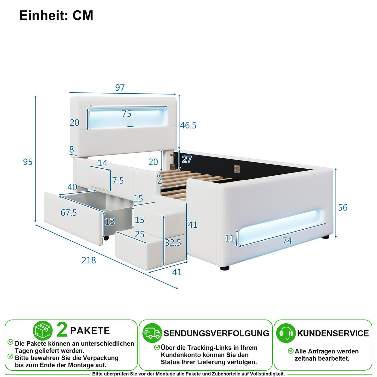 POLSTERBETT 90/200 cm in Weiß mit Schublade, LED und USB aus PU - Weiß, Holzwerkstoff/Textil (90/200cm) - CHICFURN