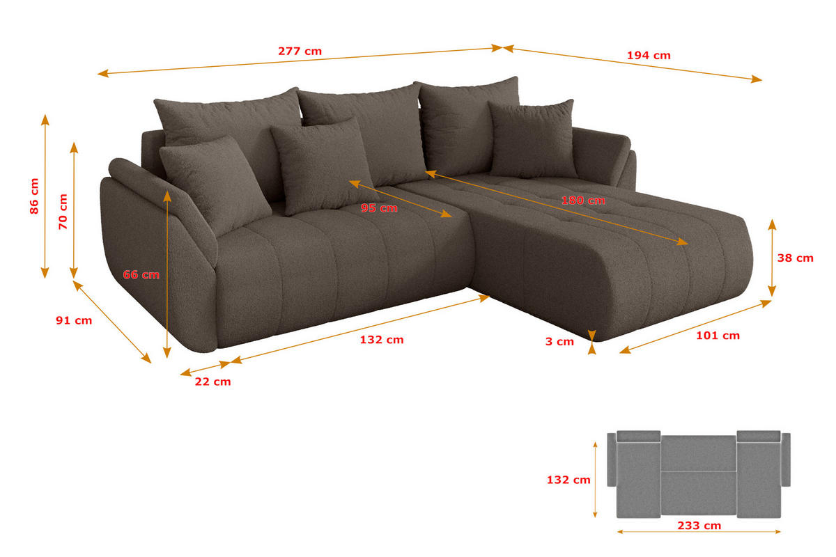 ROHOVÁ SEDAČKA s funkcí spaní, otoman vpravo TOKO-L 277x194x86 hnědá bouclé - černá/hnědá, kompozitní dřevo/textil (277/194cm) - ALTDECOR