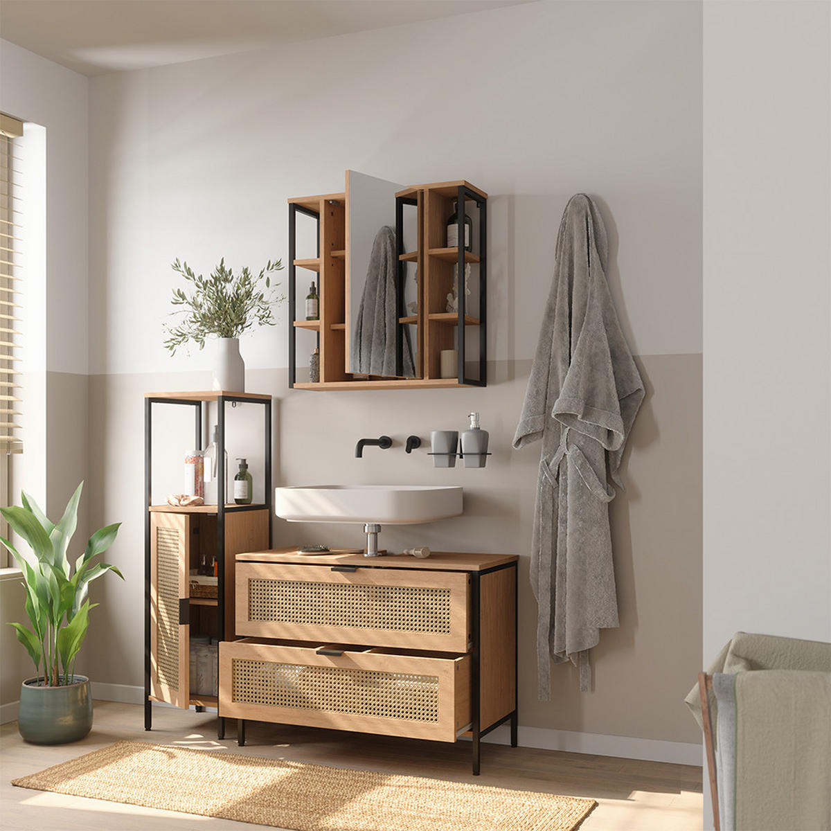 BADMÖBEL-SET Linara, Eiche, 3er Set - Eichefarben, Holzwerkstoff (80/59/35cm) - Vicco