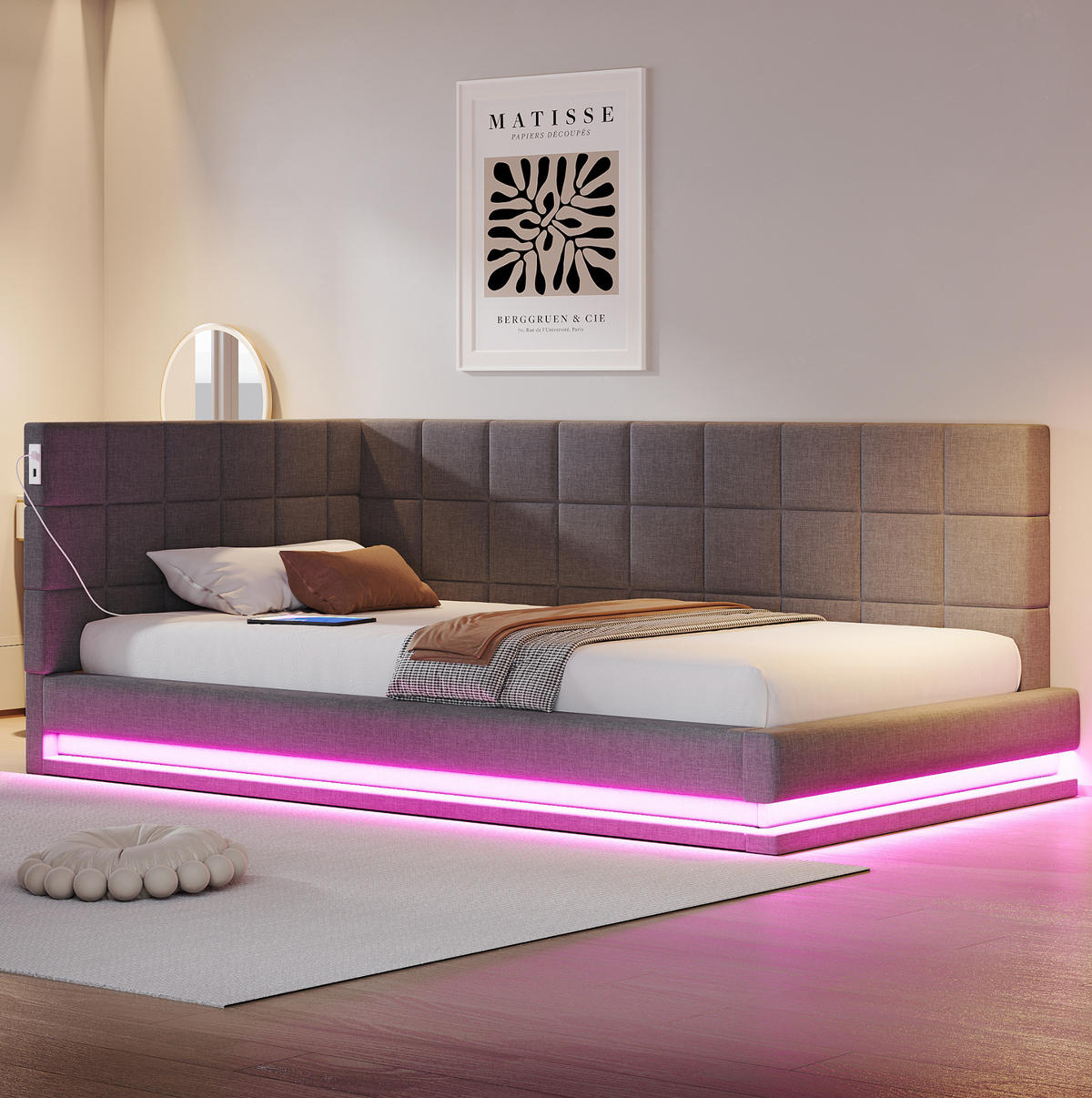 POLSTERBETT 90/200 cm Grau mit LED-Beleuchtung und USB- und Type-C-Anschlüssen - Grau, Textil (90/200cm) - Flora Grace