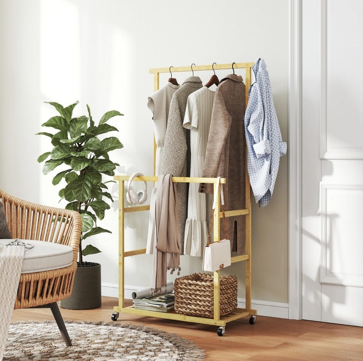 KLEIDERSTÄNDER mit Rollen 80 x 40 x 160 cm Bambus Natural Wood - Braun, Holzwerkstoff (40/160/80cm) - Beauniv