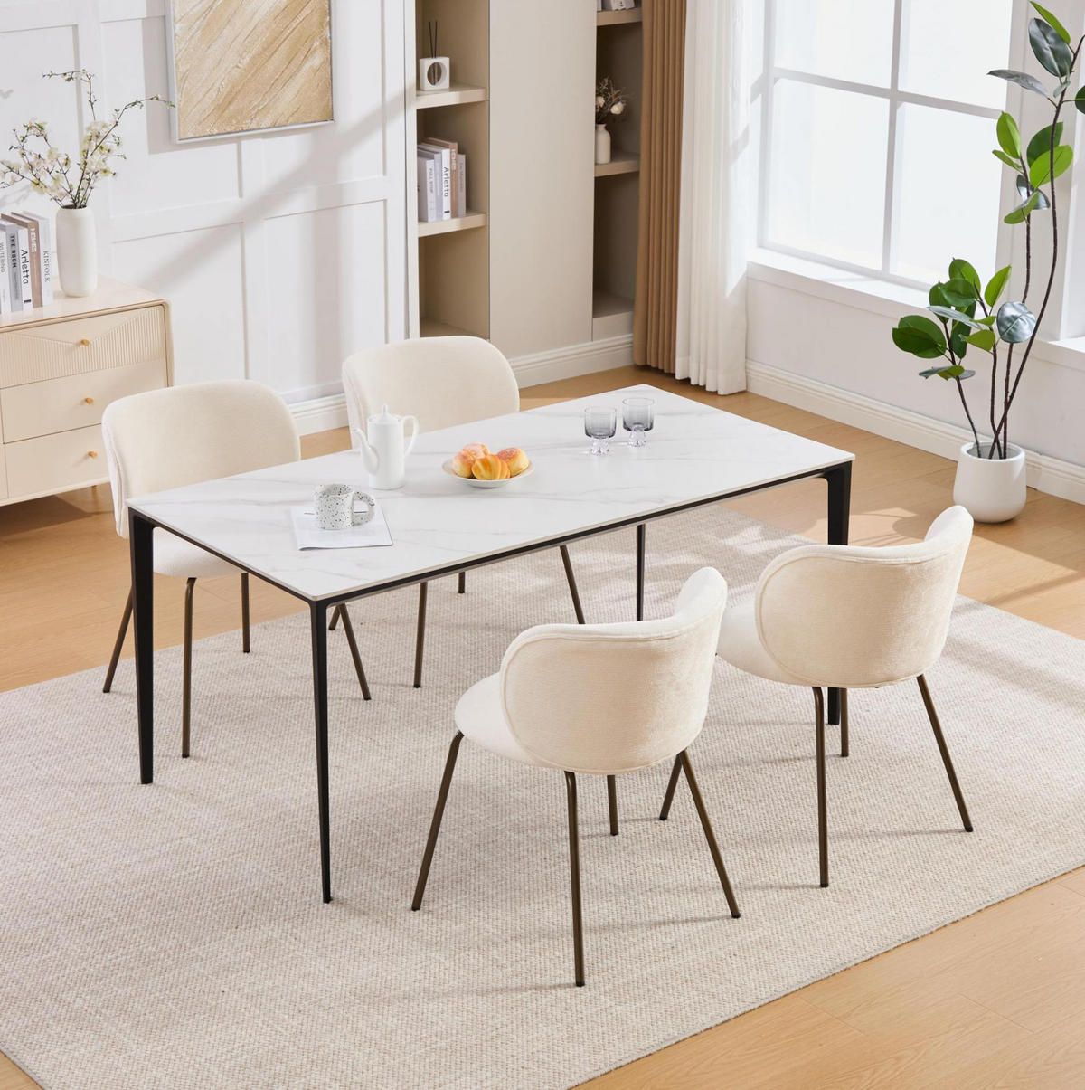 ESSZIMMERSTUHL mit gebogener Rückenlehne Chenille Creme Metallbeine - Beige, Metall (46.5/80/52cm) - Meubliv
