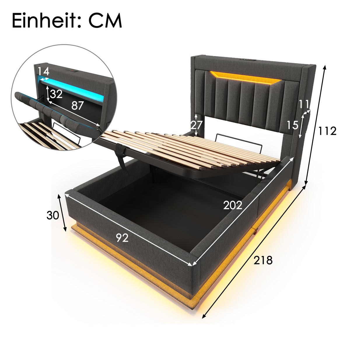 POLSTERBETT 90/200 cm Grau aus Leinen mit LED und Stauraum - Grau, Textil (90/200cm) - OKMYHOME