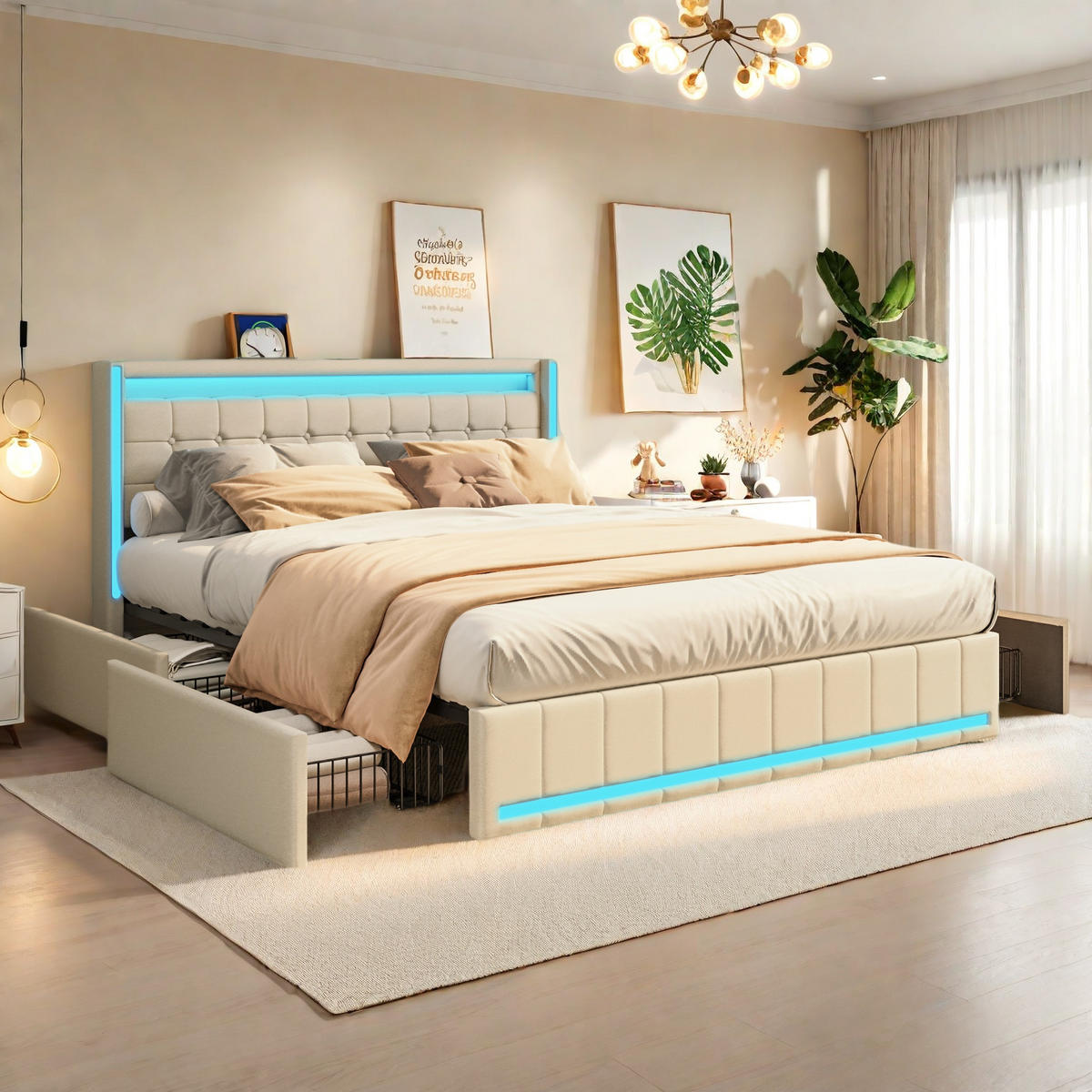 POLSTERBETT 140x190 Beige LED USB 4 Schubladen - Grau, Holzwerkstoff (140/200cm) - SHOPENTRA