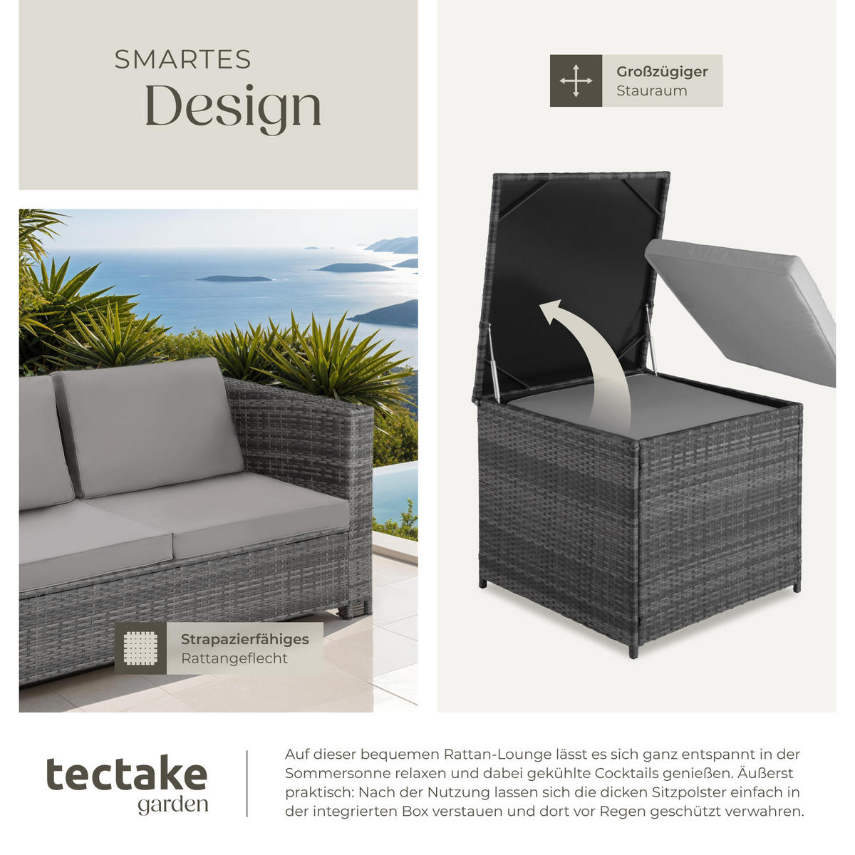 RATTANLOUNGE Siena,mit Sicherheitsglasplatte,grau/hellgrau - Grau, Kunststoff - tectake