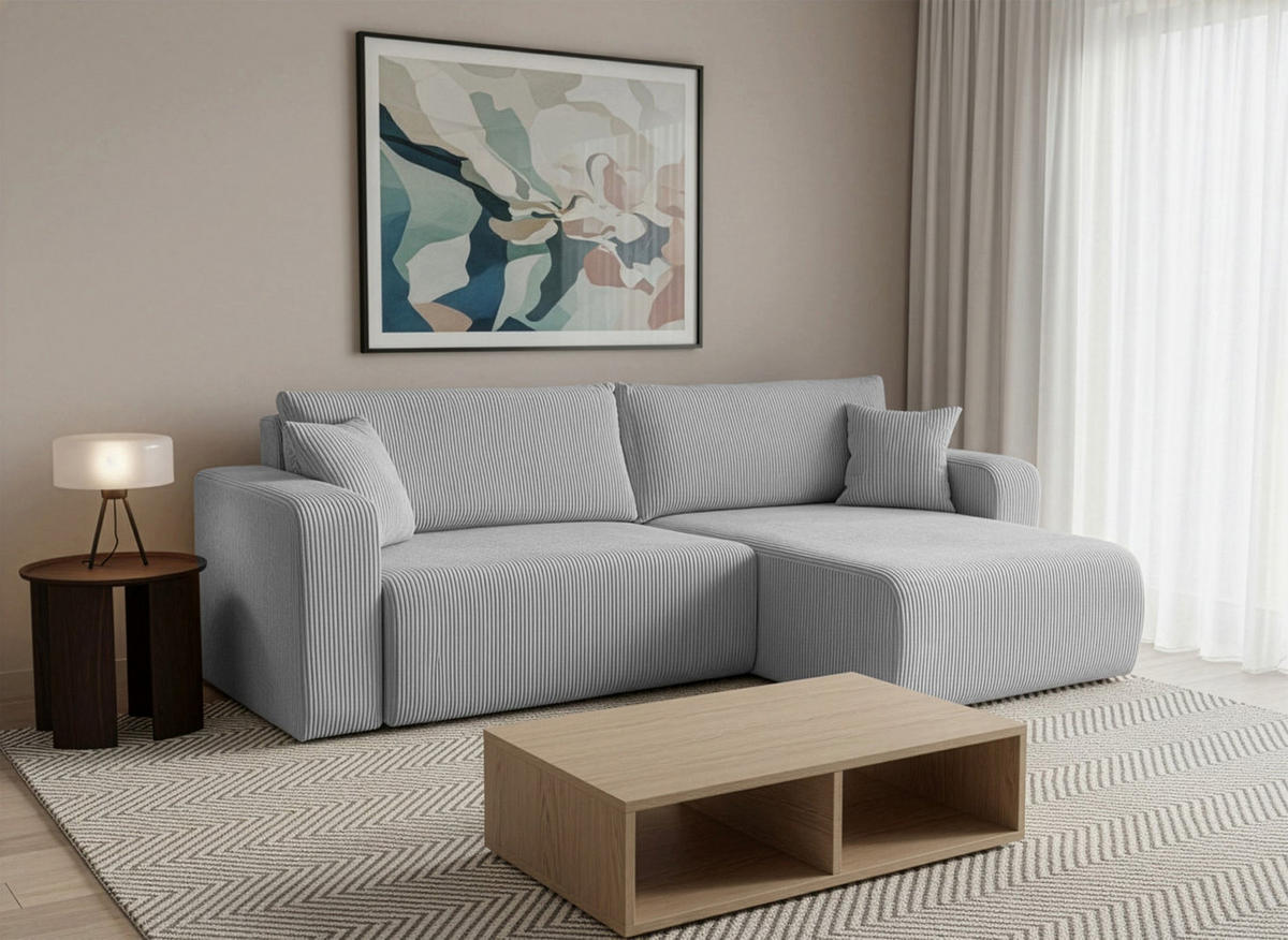 ECKSOFA mit Schlaffunktion Nellio L-Form universal mit Bettkasten Hellgrau Cord - Hellgrau/Schwarz, Kunststoff/Textil (245/145cm) - Homebook