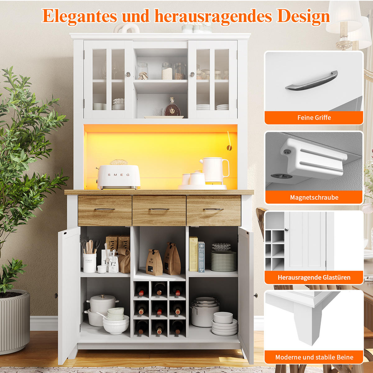KÜCHENBUFFET 106/40/179,5 cm weiß aus MDF mit LED-Beleuchtung - Weiß, Holzwerkstoff (106/179.5/40cm) - OKWISH