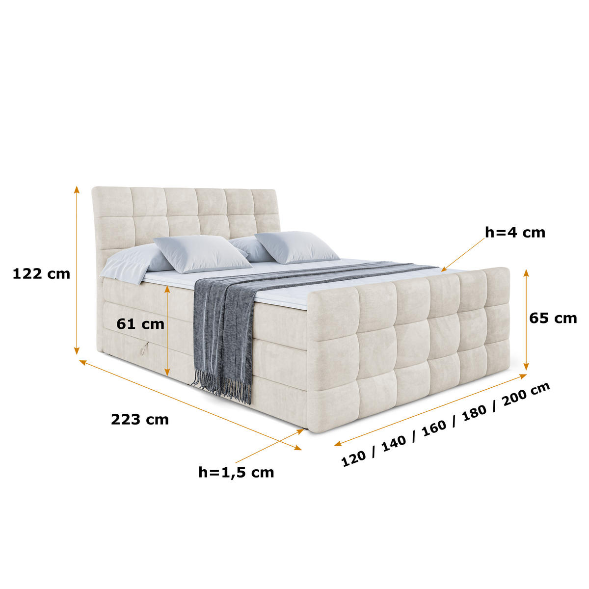 BOXSPRINGBETT BRUGO-Z KING - 200 x 200 - H3/H4 - Ecru - Ecru, Holzwerkstoff (200/200cm) - ALTDECOR