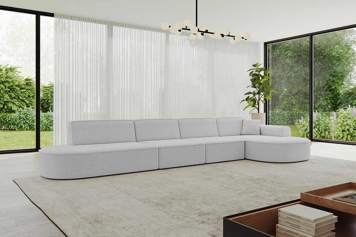ECKSOFA Ottomane Rechts MARI-L3 - 402x163x73,5 cm Hellgrau Bouclé - Hellgrau/Schwarz, Holzwerkstoff/Kunststoff (402/163cm) - ALTDECOR