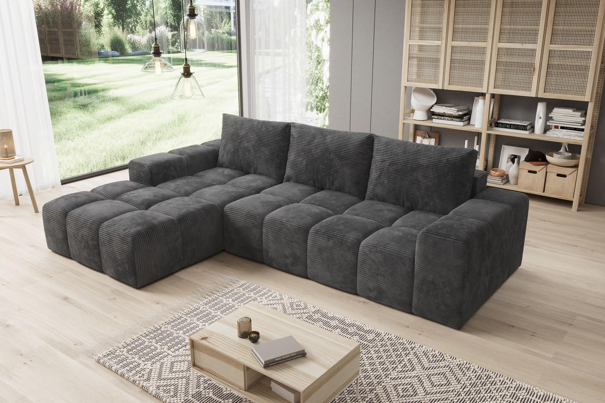 ECKSOFA Cento, L-Form, Ottomane Links, Cordstoff, 285x56x180 cm, Dunkelgrau - Dunkelgrau, Holz (180/285cm) - PROMETO Möbel