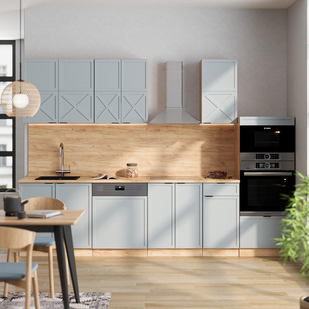 KÜCHENZEILE Fame-Line Hellblau-grau/Goldkraft Eiche 300 cm AP Marmor - Honigeiche/Blaugrau, Holzwerkstoff (300/81.6/60cm) - Vicco