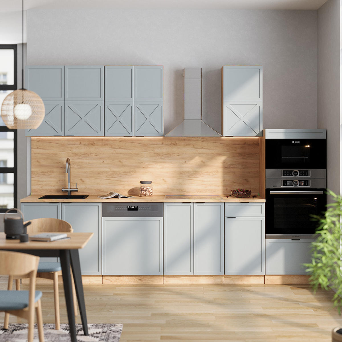 KÜCHENZEILE Fame-Line Hellblau-grau/Goldkraft Eiche 300 cm AP Marmor - Honigeiche/Blaugrau, Holzwerkstoff (300/81.6/60cm) - Vicco