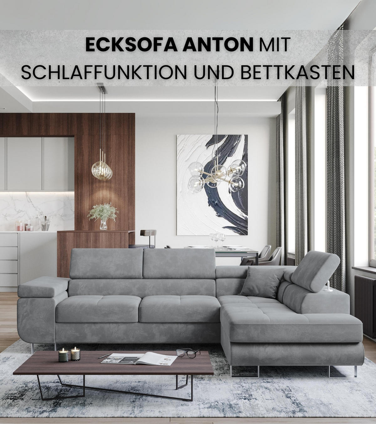 ECKSOFA Anton mit Schlaffunktion Grau Samt - Silberfarben/Grau, Textil/Metall (142/275cm) - Bromarkt